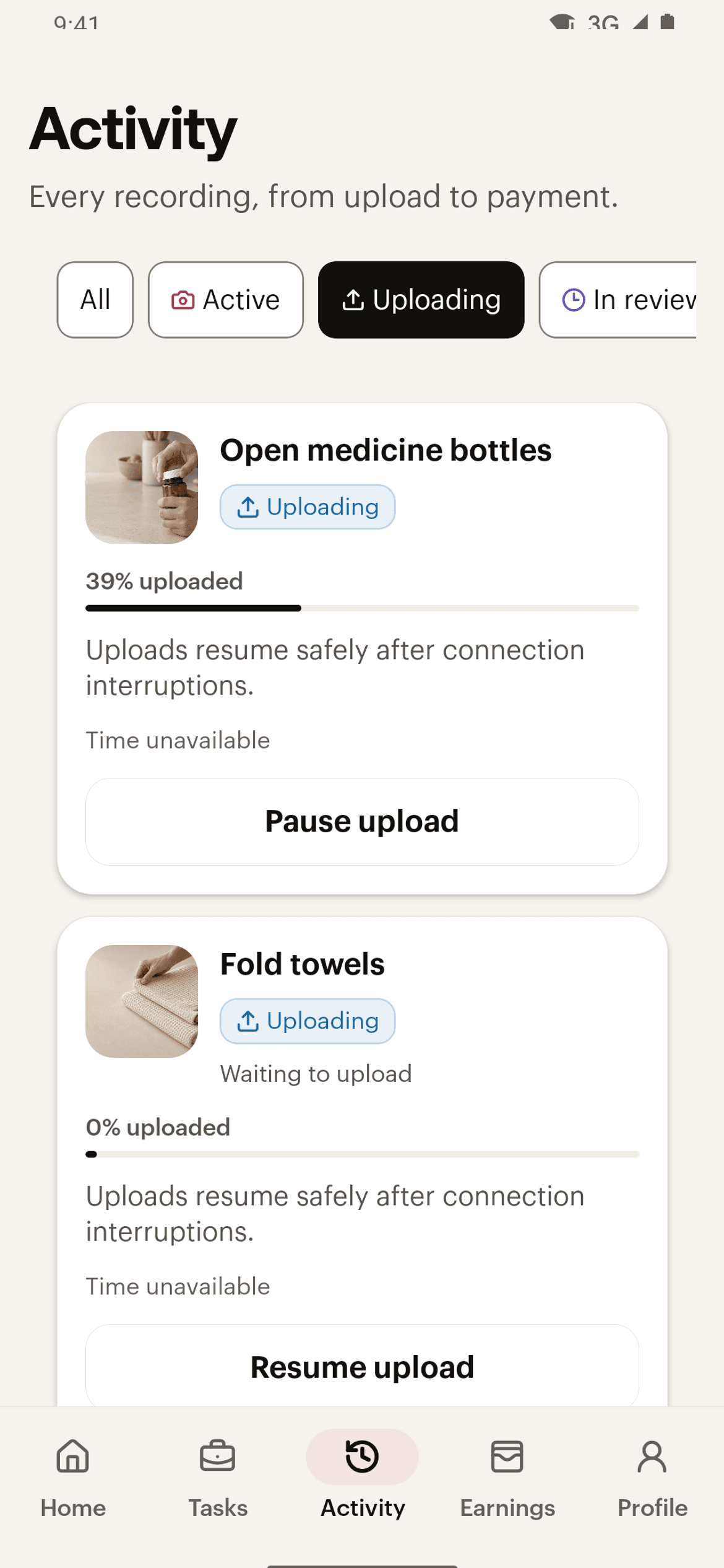 Aura Capture activity screen tracking a recording from upload to review