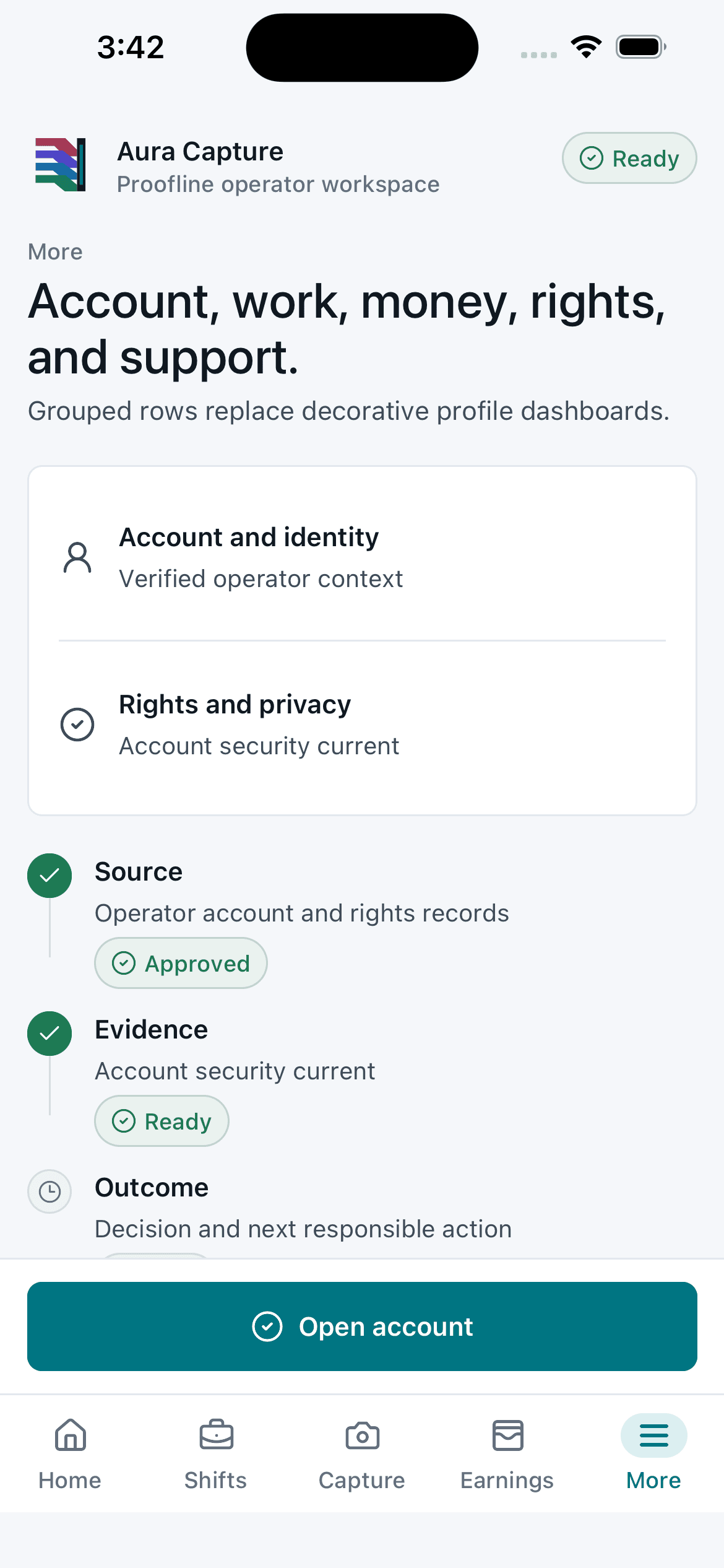 Aura Capture account and rights screen