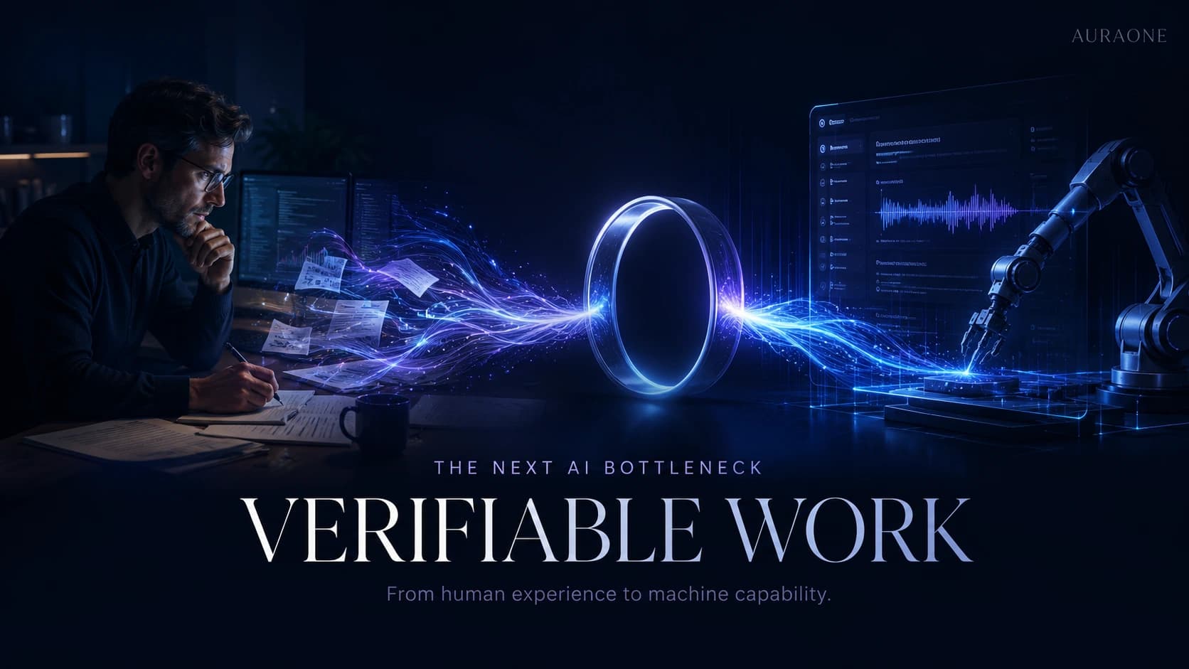 AuraOne illustration of human work and enterprise intelligence converging through verifiable AI outcomes