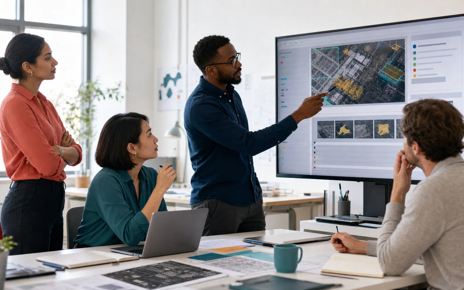 A specialist presents reviewed geospatial training examples to a Human Data team.
