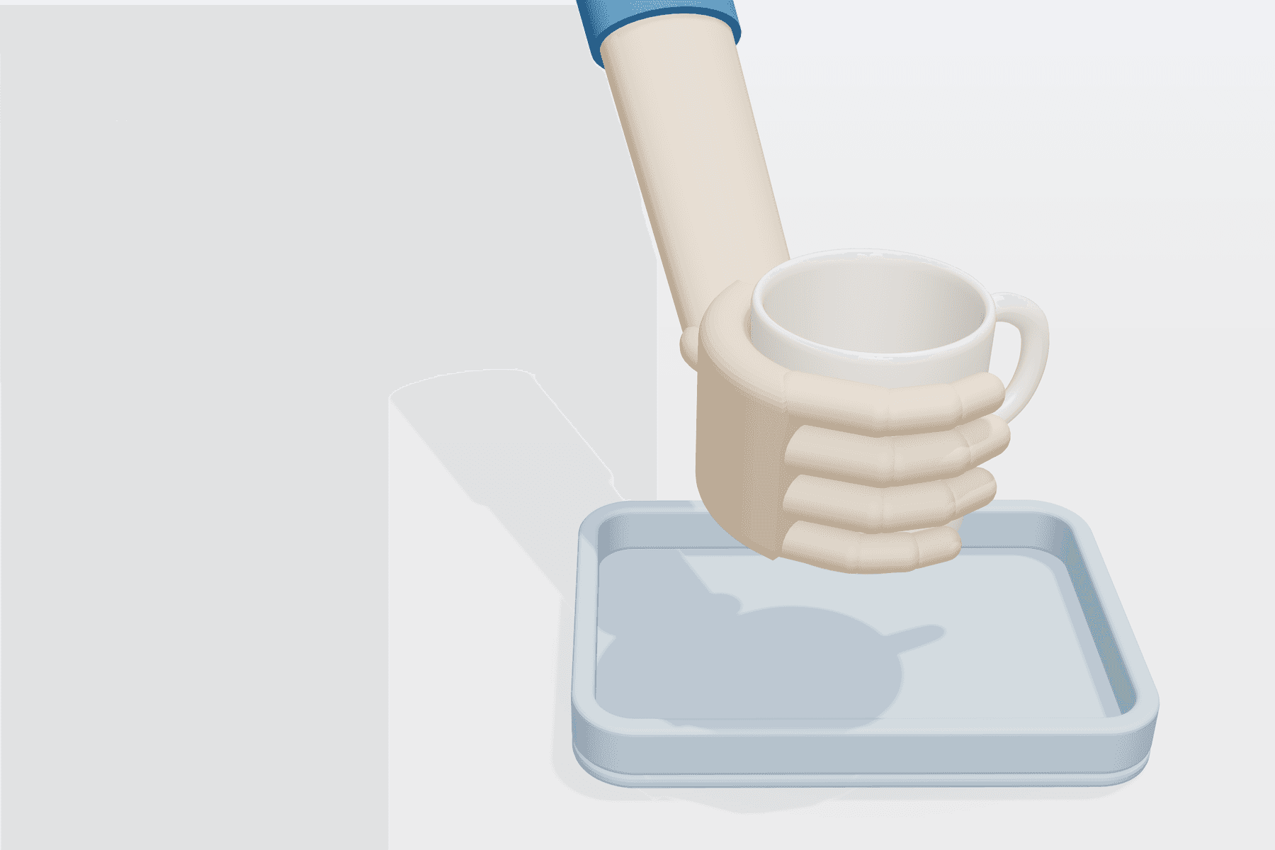 Action: stylized hand carrying the mug mid-move above the tray