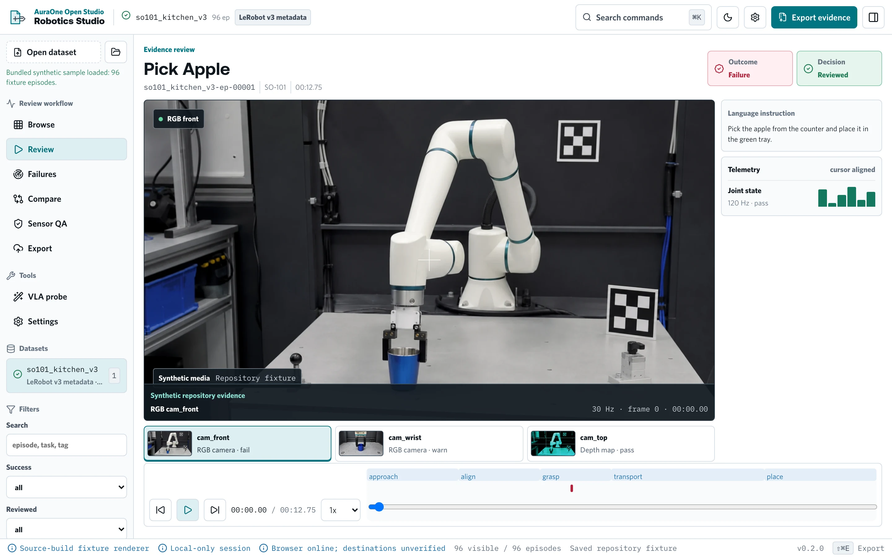 Robotics Studio Open episode review with the synthetic sensor scene, review timeline, status, and decision controls.
