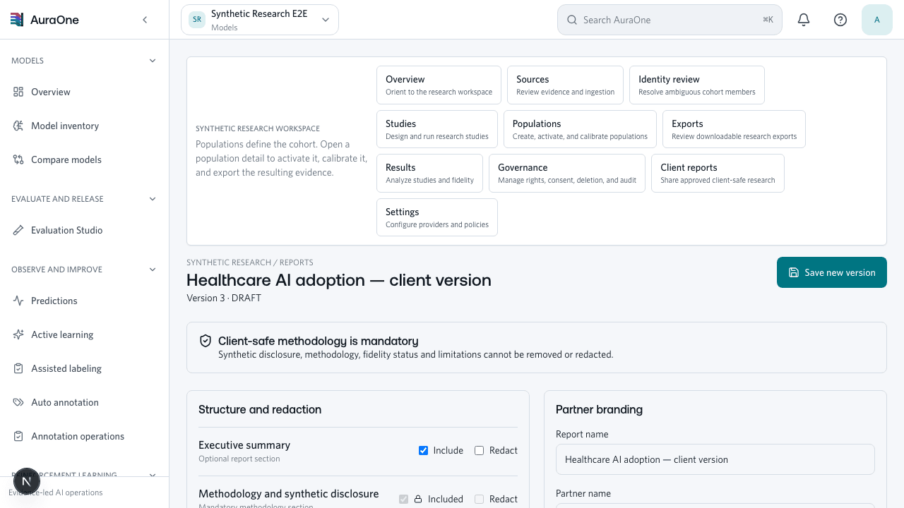 Production AuraOne client report builder with mandatory methodology and partner branding
