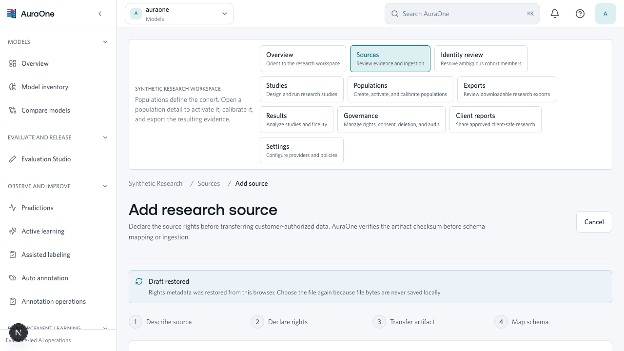 Production AuraOne source ingestion workflow with source rights, artifact transfer, and schema mapping
