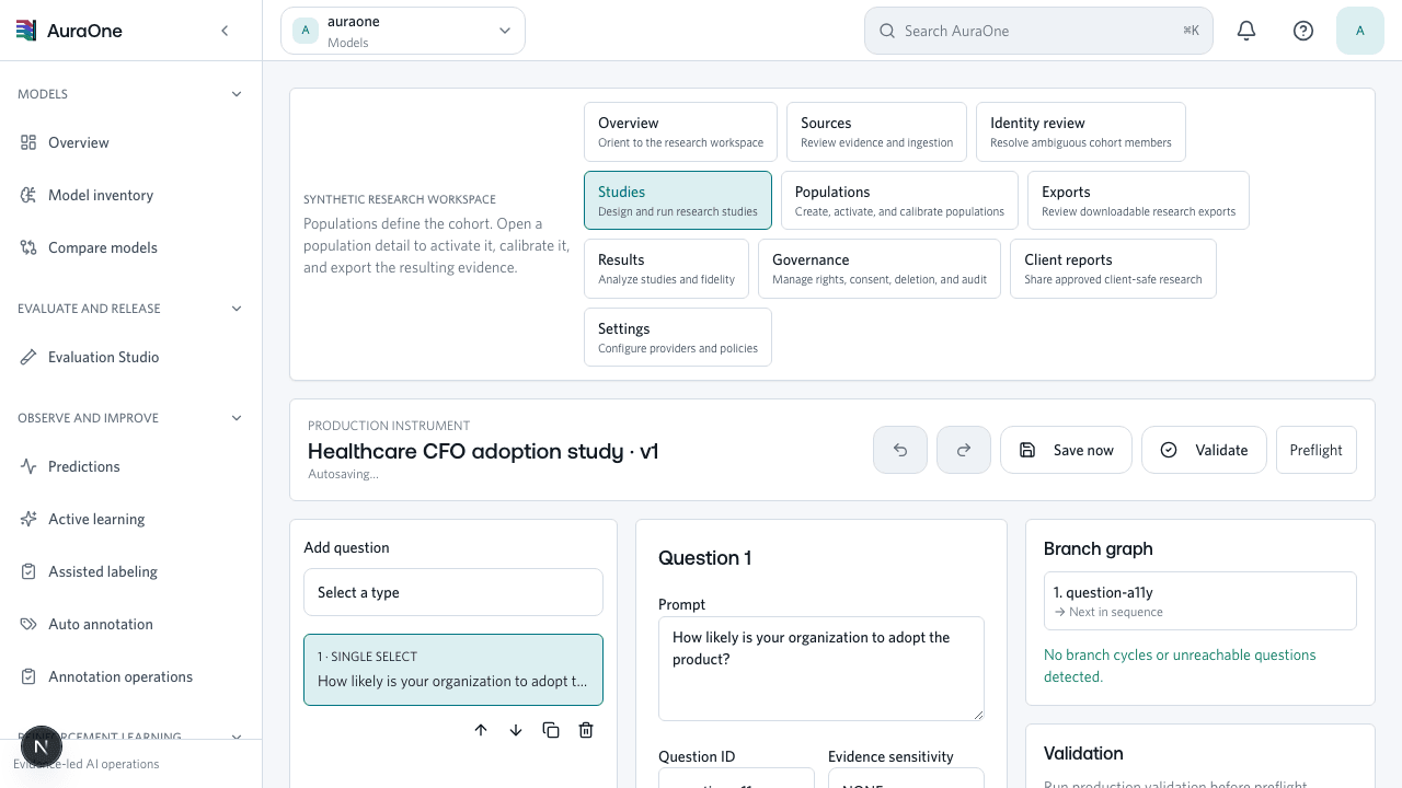 Production AuraOne study builder with structured question, branch graph, and validation controls