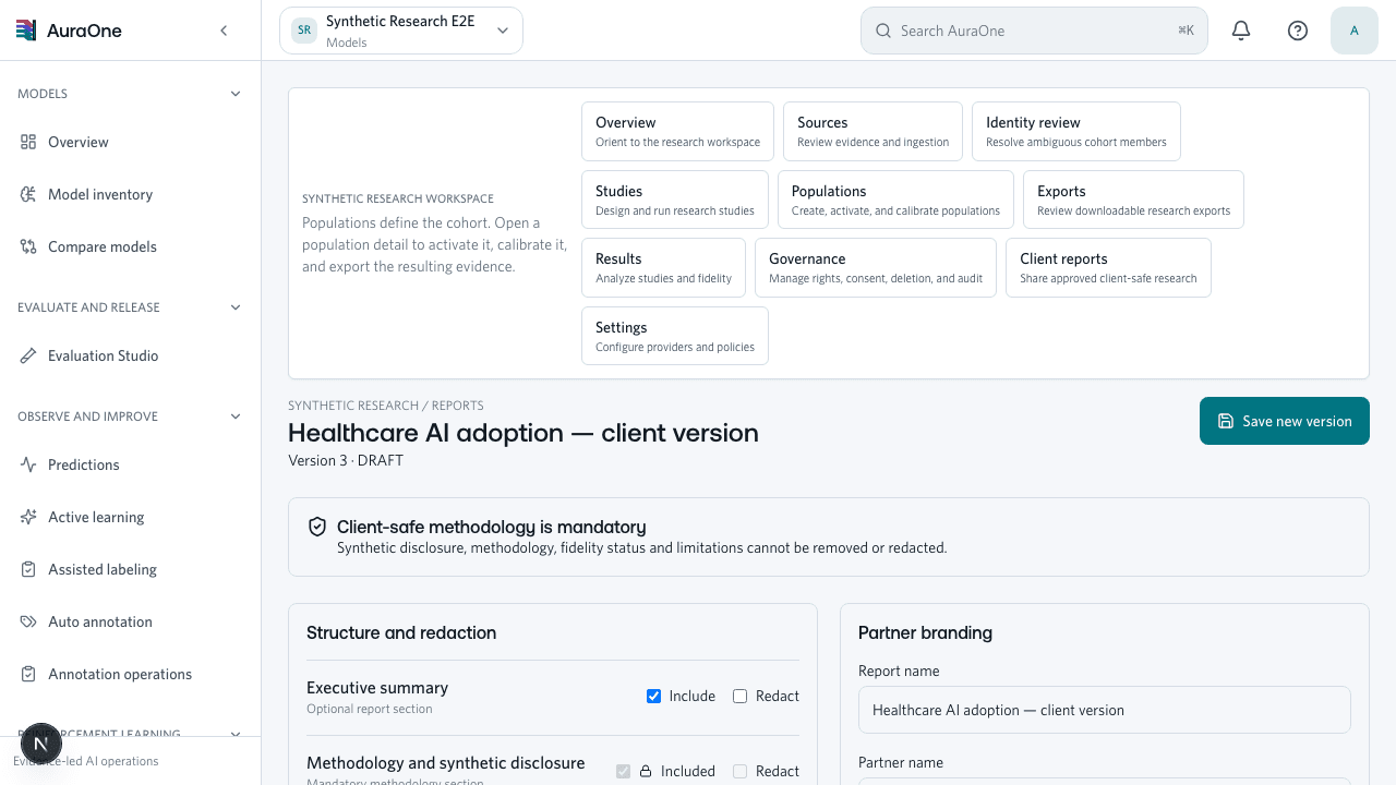Production AuraOne client report builder with mandatory methodology and partner branding