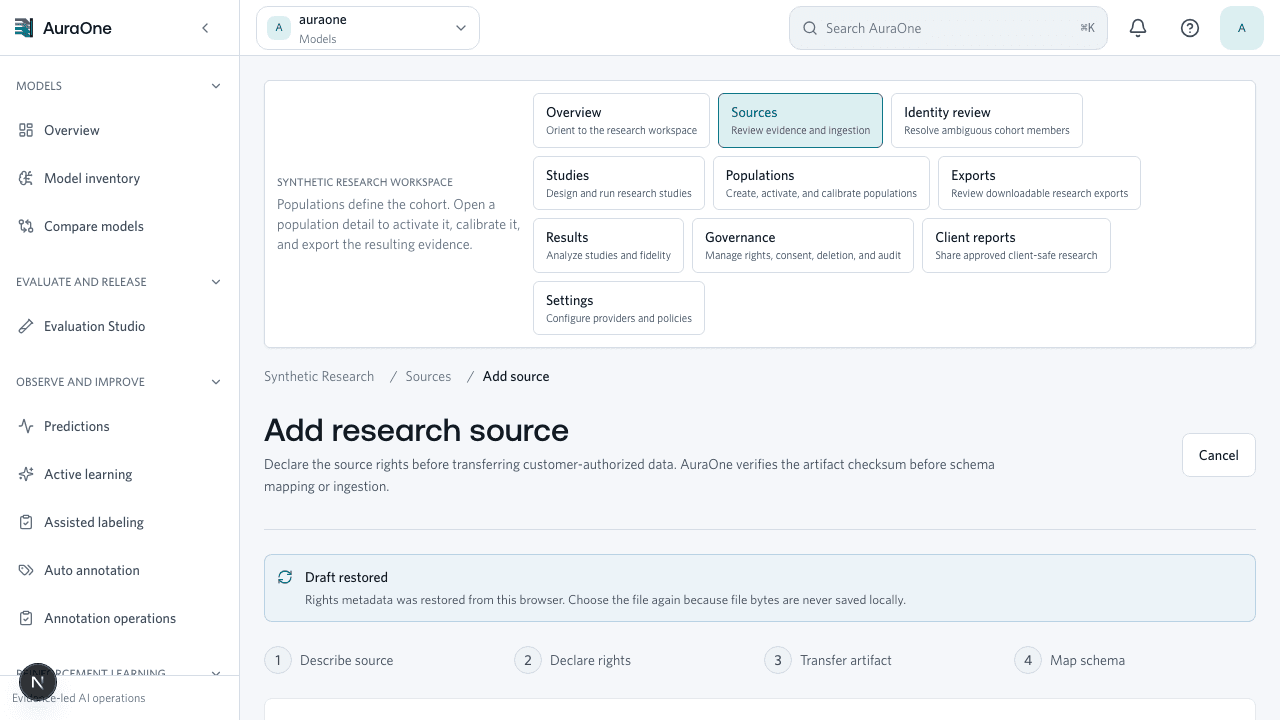 Production AuraOne source ingestion workflow with source rights, artifact transfer, and schema mapping