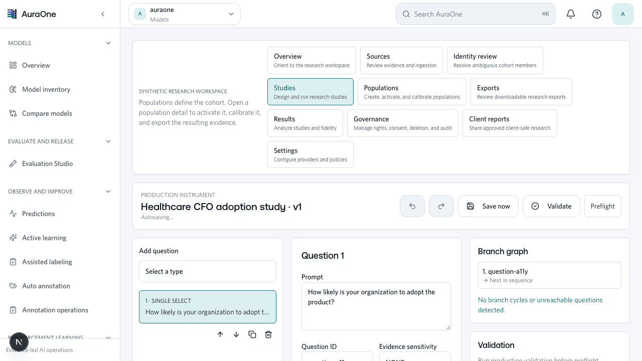 Production AuraOne study builder with structured question, branch graph, and validation controls
