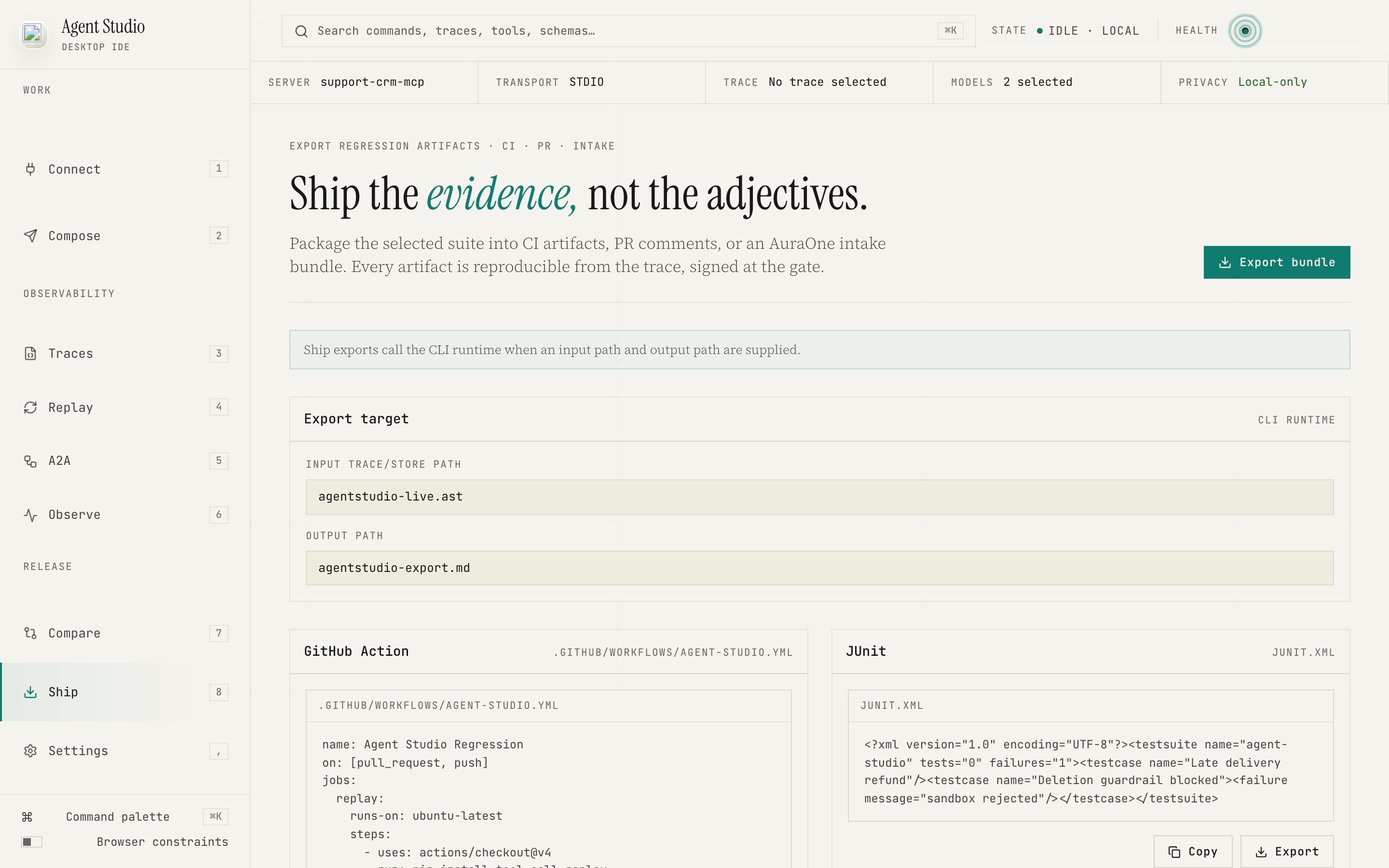 Export the trace card and CI regression suite. screenshot